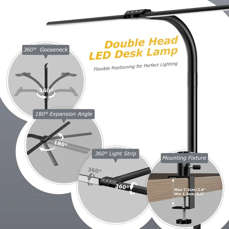 Double Head LED Desk Lamp Dimmable Architect Table Lamps Monitor Light Eye-Caring Desktop Computer Lamp for Office Reading Light Vue