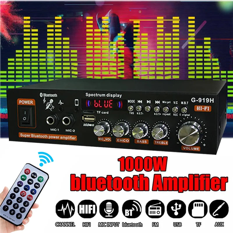 G919H 1000W Home Car Power Amplifiers 2 Channel Bluetooth Surround Sound FM USB Remote Control Mini HIFI Digital Stereo Amp Vue G919H US plug