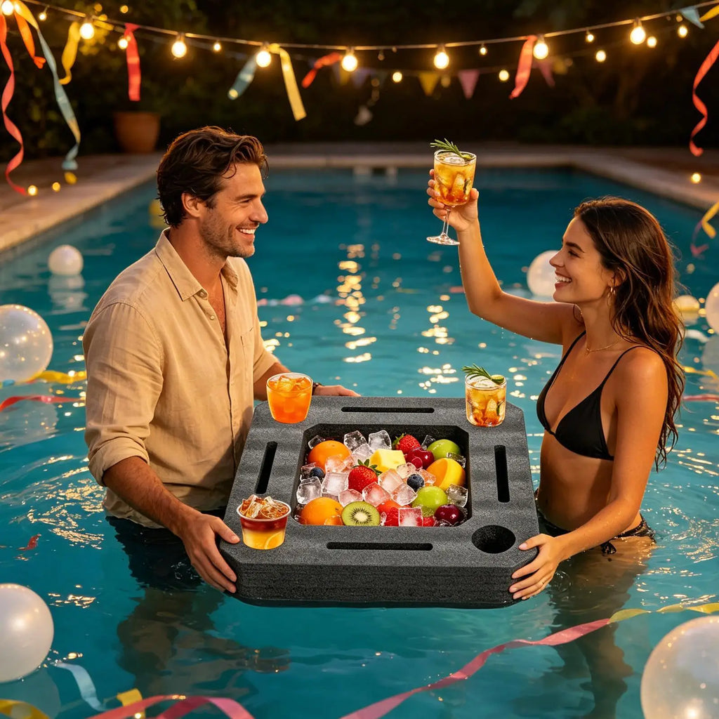 round/square Floating Drink Holder for Pool, Large Capacity Serving Tray with Cup Holders, Stable Water Float for Hot Tub Lake Vue