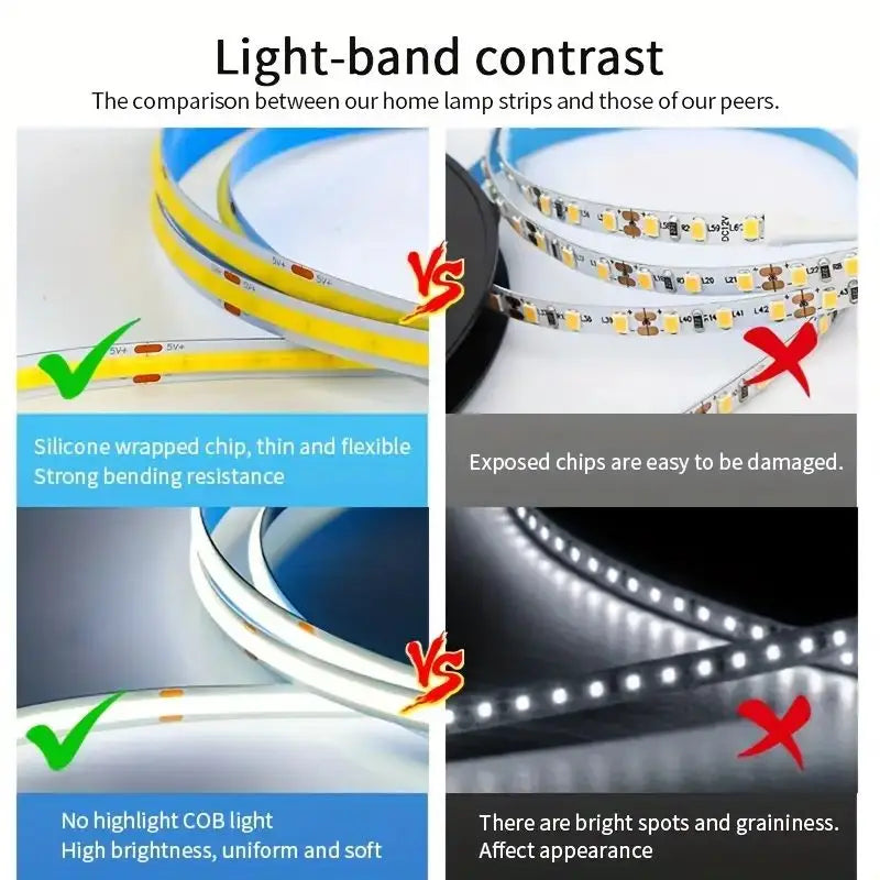 LED COB Light Strip Touch Dimmer Flexible Diode Tape 5V USB Linear Indoor Lighting Lamp Room DIY TV Mirror Backlight Wall Decor Vue