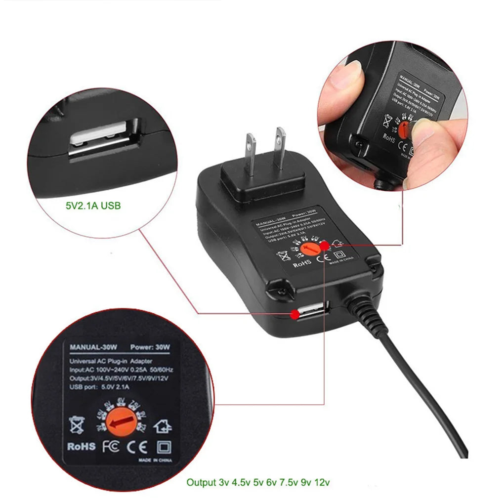 Universal Adjustable Power Adapter 3V–12V | 8 DC Connectors Universal Power Adapter Vue