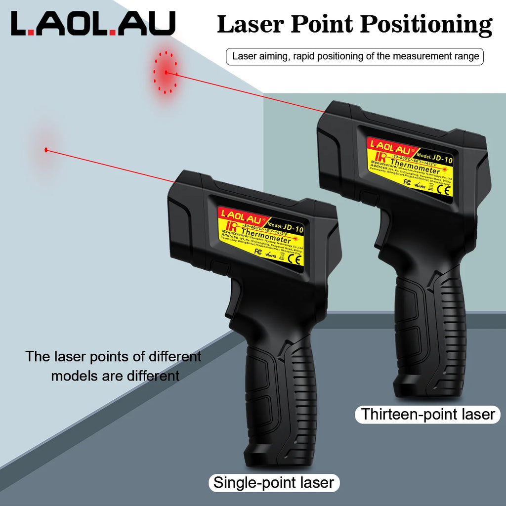JD-10 Industrial IR Thermometer Gun -50°C~800°C Laser Temperature Gun High/Low Alarm Adjustable Emissivity for Home/Factory/BBQ Vue