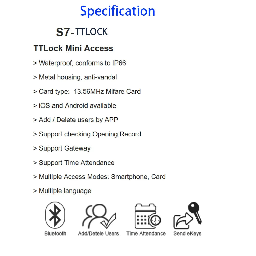 S7-BT TTLOCK Bluetooth RFID Access Control Keypad Smart Phone Entry Waterproof 13.56Mhz RFID Card Reader Door Gate Opener Vue