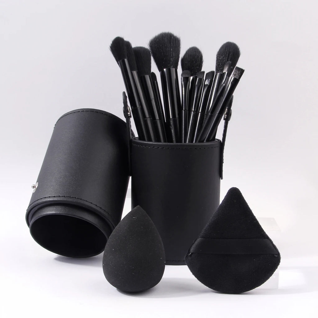 16Pcs Black Makeup Brush Kit with Storage Holder & Powder Puffs, Soft Fluffy Brushes Premium Black Synthetic Brushes for Full F Vue