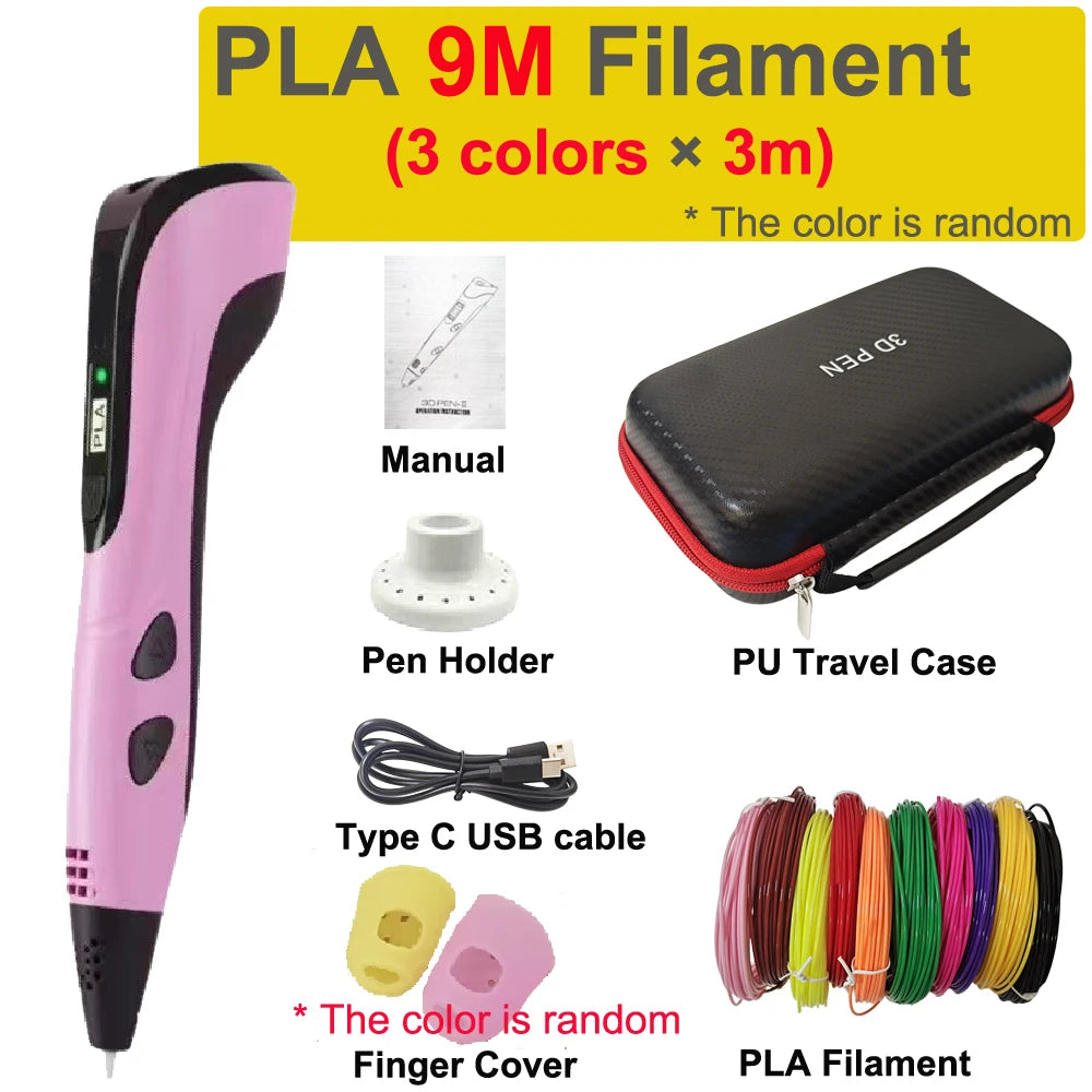 New 3D Printing Pen 3D Pen for Children 1.75mm PLA Filament DIY Drawing Birthday Christmas Gifts for Kids with Travel Case Vue Pink-9mPLA USB no adaper