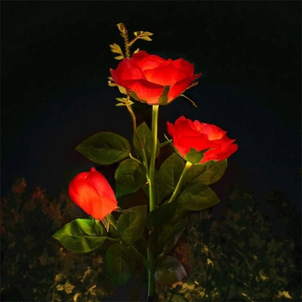 1PC Solar 3 Heads Rose Lights,Outdoor Artificial Flower LED Garden Lamp,Waterproof Landscape Stake Light,Patio Yard Home Decor Vue