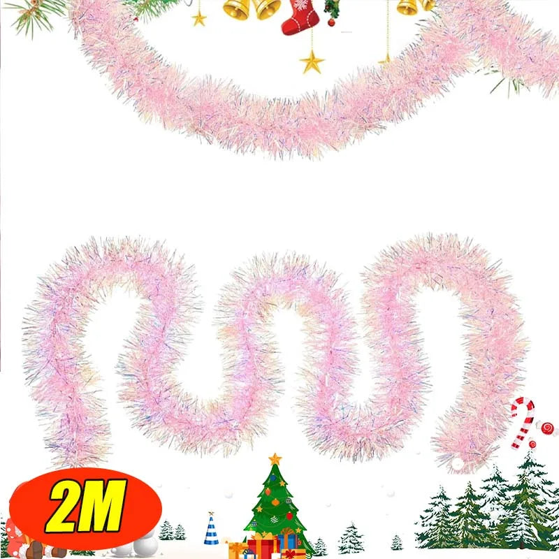 Metallic Tinsel Garland Rainbow Colorful Pink Christmas Garland Shiny Decorative String for Tree Holiday Party Decoration Vue