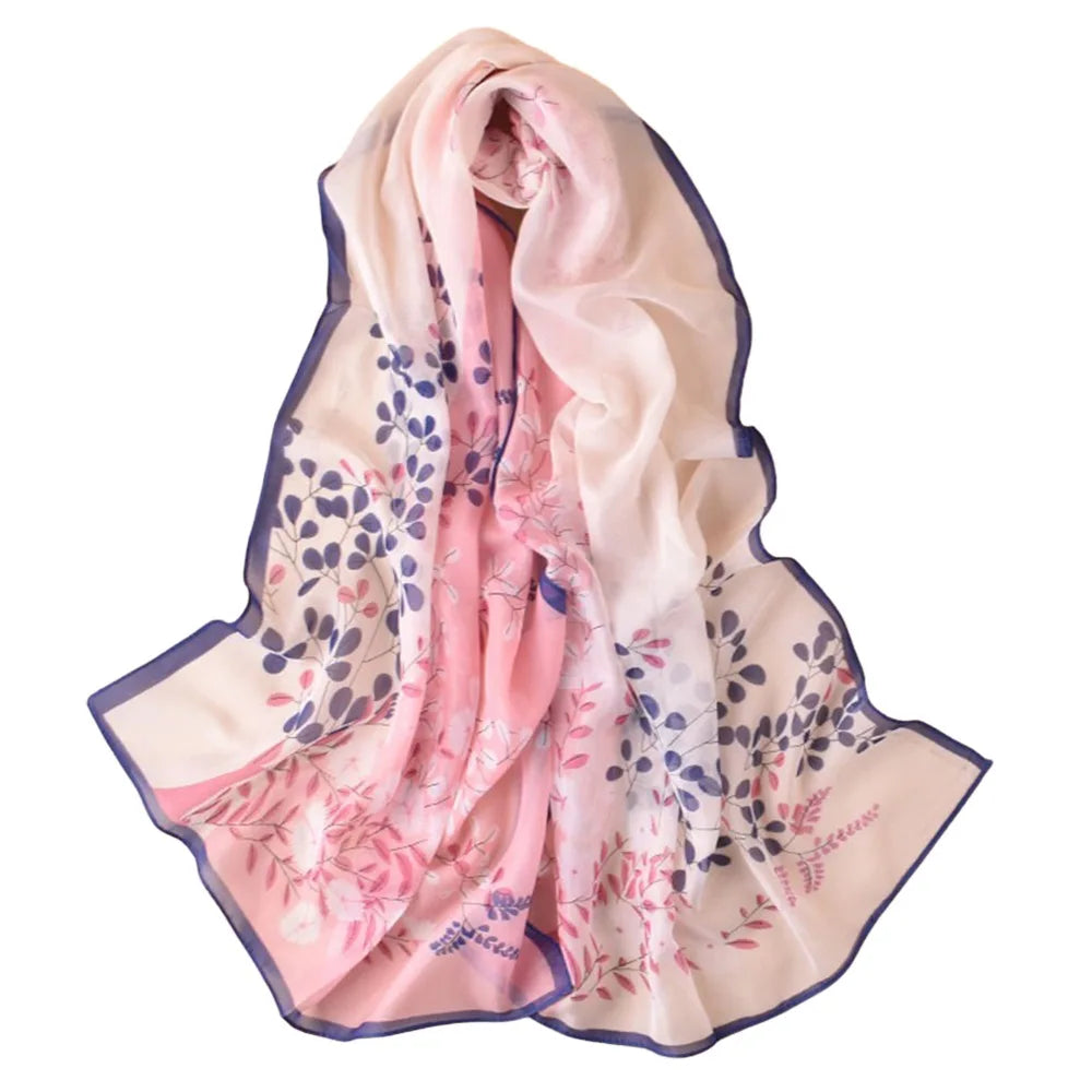 Floral Print Chiffon Scarf Long Thin Shawl Silk Soft Protection Vue Dark Pink
