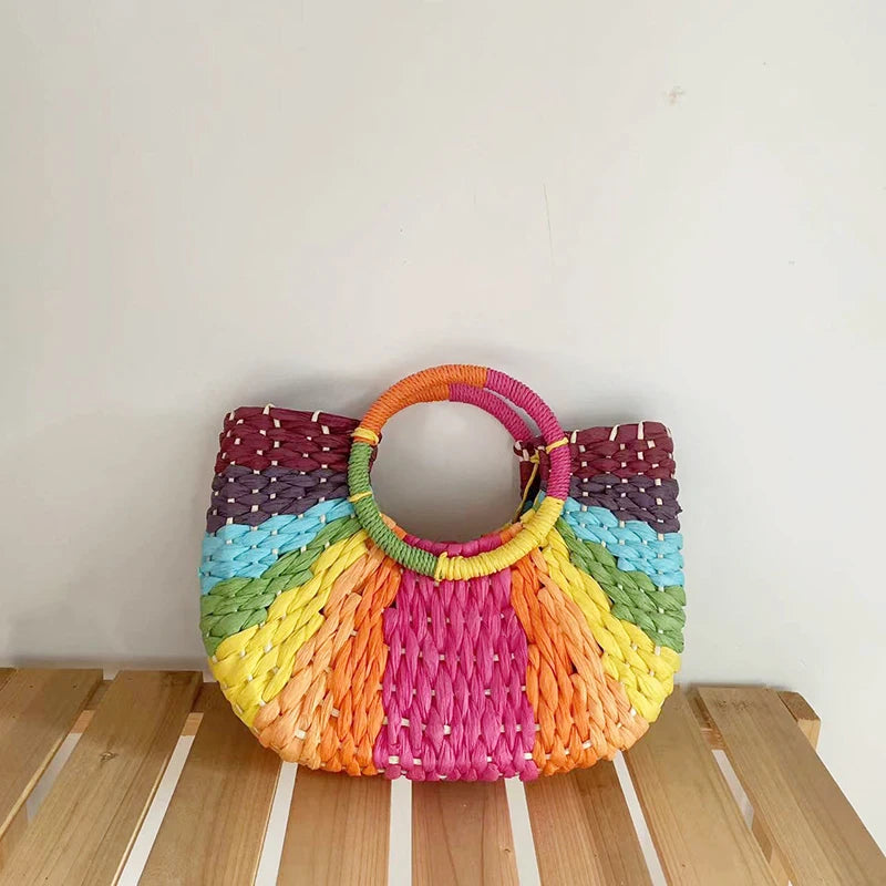 Straw Bag Women Hand-woven Handbags Moon Shape Rattan Tote Big