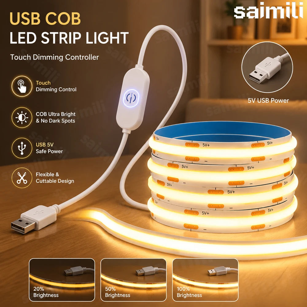 Touch Dimmable COB LED Tape High Density Dotless Flexible Self Adhesive Strip Light For Closet Cabinet Bedroom Mirror Decor Lamp Vue