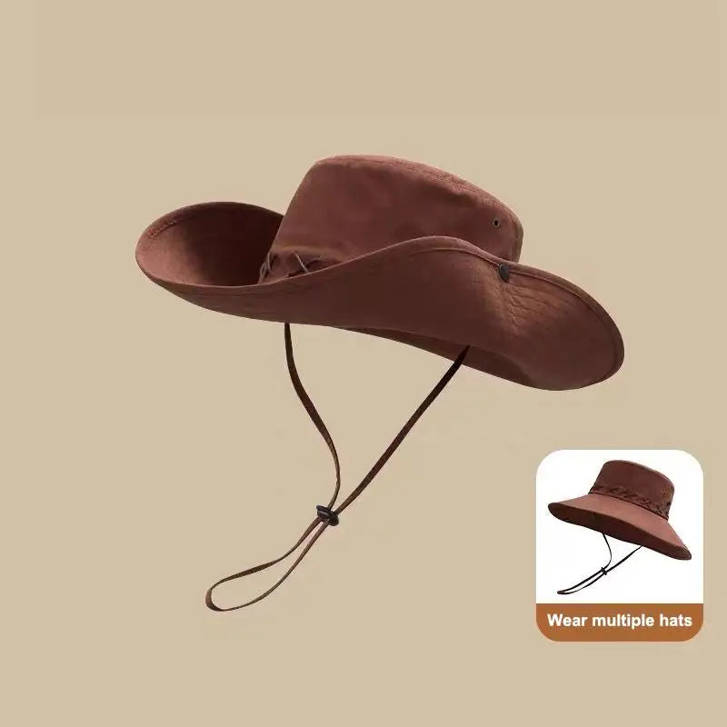 Breathable Western Cowboy Hat Solid Color Adjustable Wide Brim Sun Hat Outdoor Mountaineering Fisherman Sunshade Cap Travel 1PC Vue Coffee