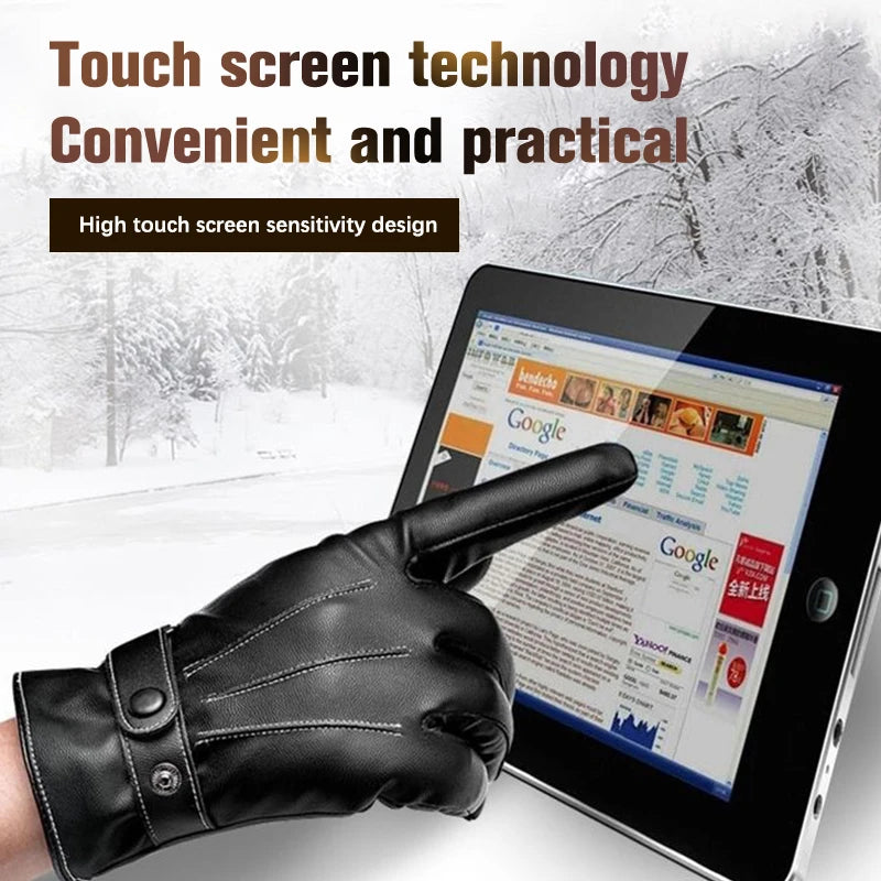 Men Winter PU Leather Black Gloves Button Warm Mittens Outdoor Sports Driving Skiing Men's Windproof Gloves Winter Supplies Vue