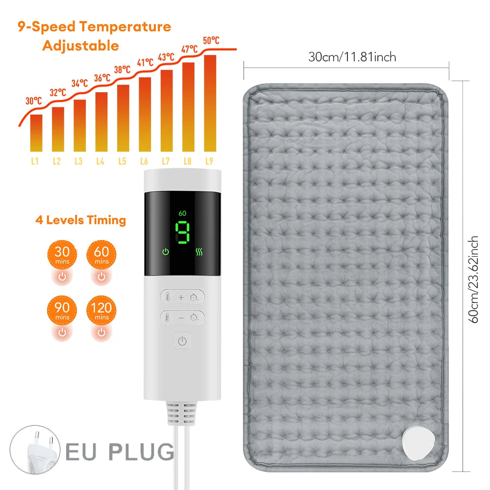Electric Heating Pad 30×60cm | 9 Levels, Timer, Washable Electric Heating Pad Vue 220-240V-75W