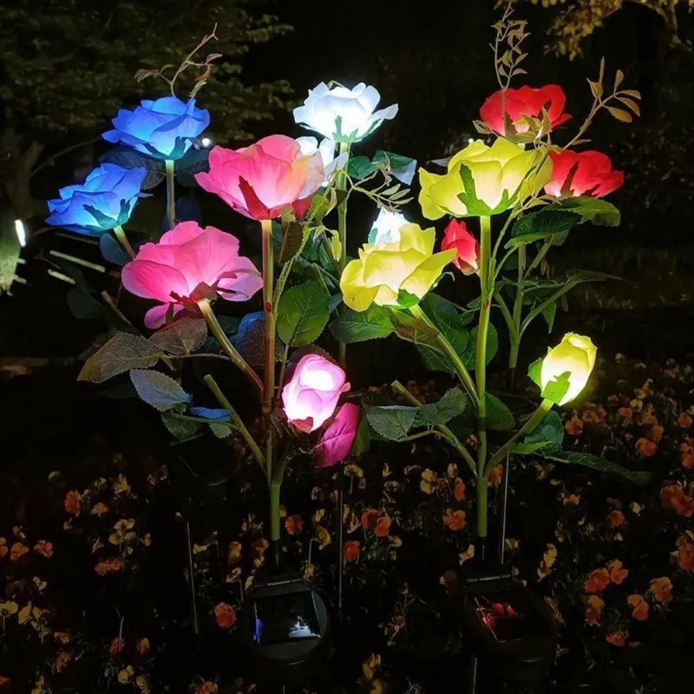 1PC Solar 3 Heads Rose Lights,Outdoor Artificial Flower LED Garden Lamp,Waterproof Landscape Stake Light,Patio Yard Home Decor Vue