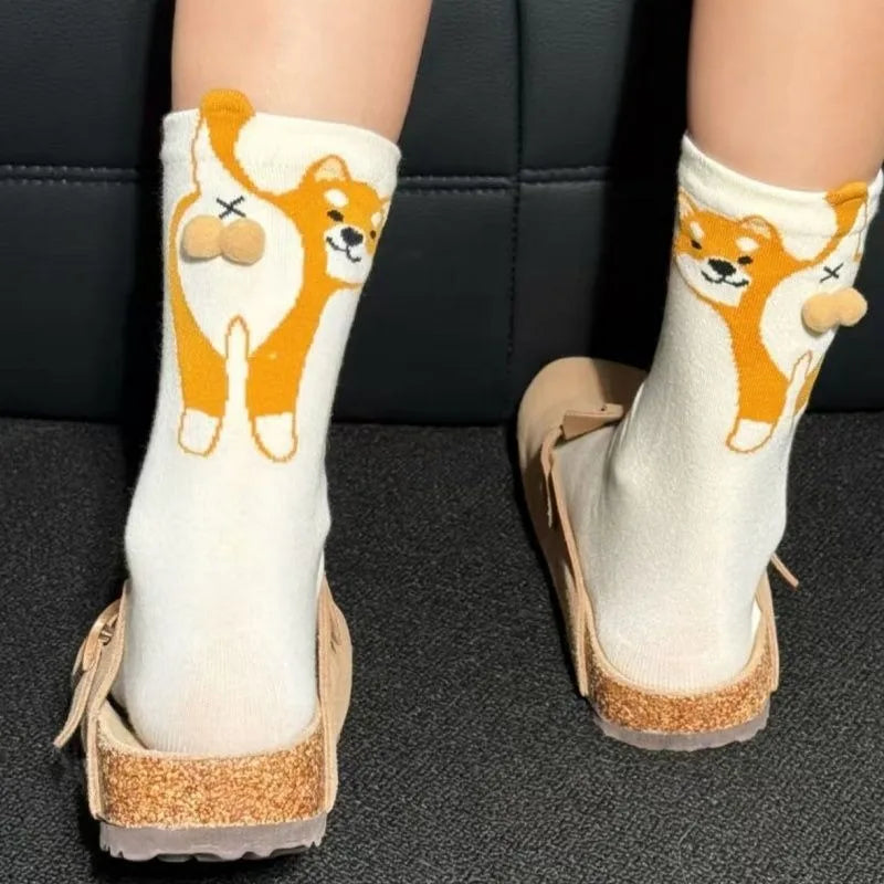 1-10Pairs Kawaii Egg Dog Cartoon Crew Socks for Women Men Cute Puppy Pattern Funny Mid Calf Casual Socks for Fall Winter Daily Vue