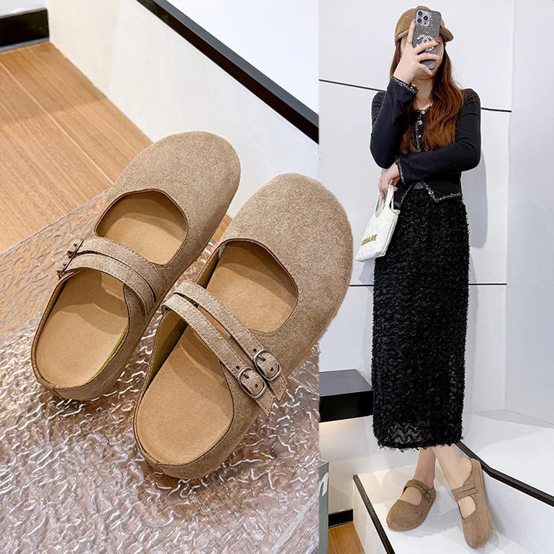 Women's Mary Jane Half Slippers Double Button Flat Mule Women's Flat Mule Slippers Vue
