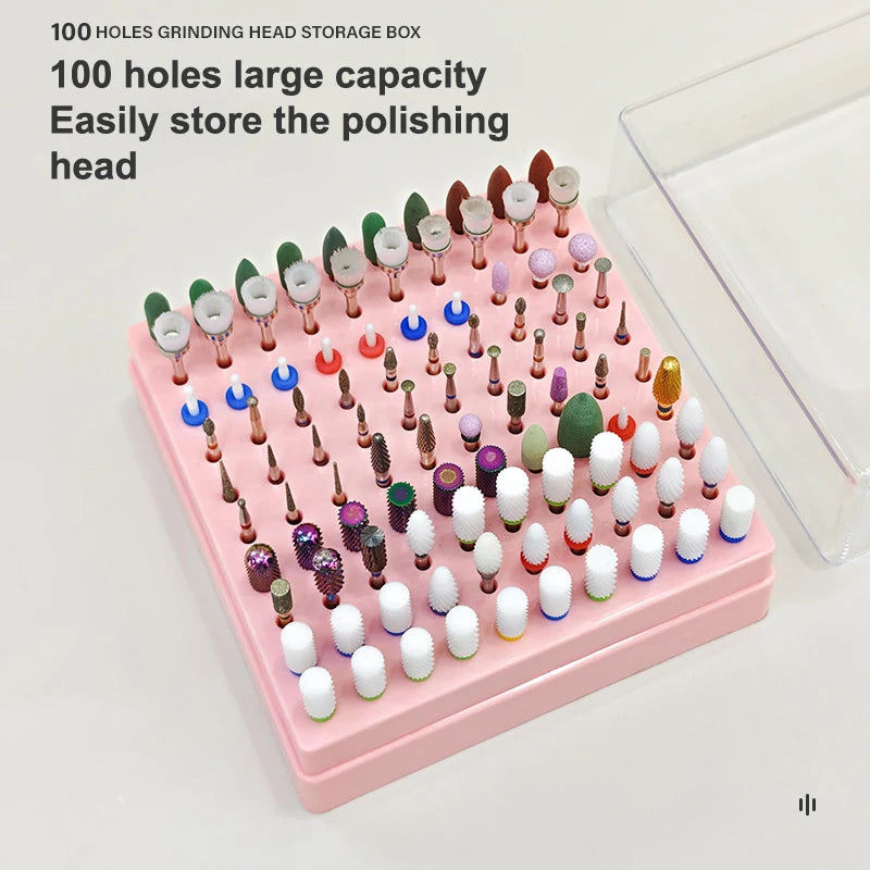 100 Holes Nail Art Drill Storage Box Grinding Polish Head Bit Holder Display Nail Drill Bits Organizer Plastic Nail Stand Vue