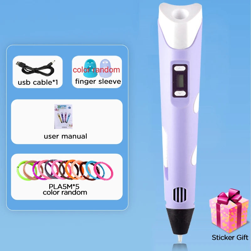 3D Printing Pen Kids Adjustable Speed LED Display DIY Drawing Pens 3D PLA Filament for Boys and Girls Birthday Gifts Vue with 25M PLA