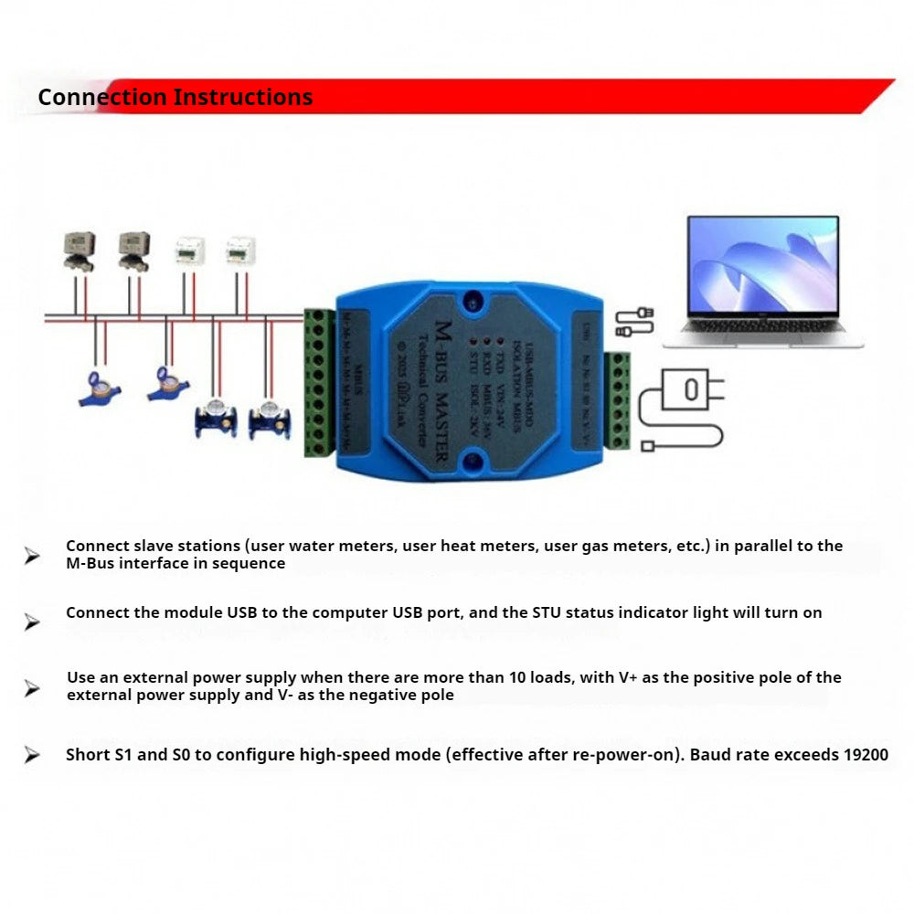 Industrial USB to M-Bus Master Full Isolation 350 Loads 300-19200bps 1KM for Water Gas Heat Meter Data Acquisition Support Win Vue