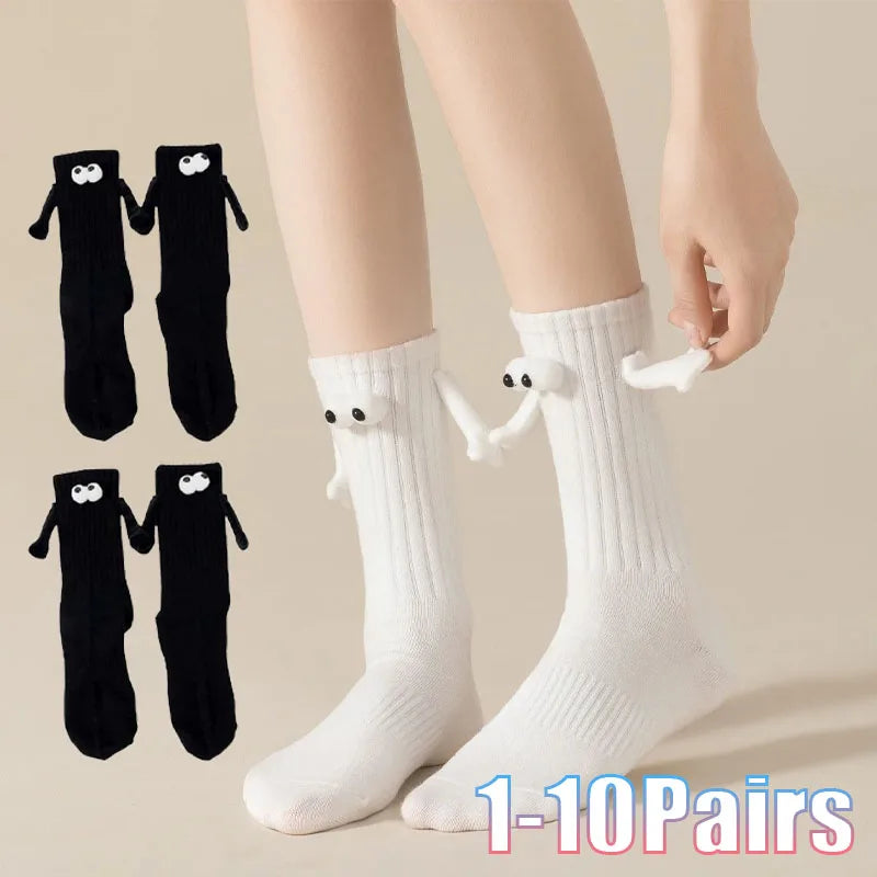 1-10Pairs Magnetic Attraction Couple Crew Socks Black White Mid Calf Non Slip Comfortable Stylish for Women Men Daily Wear Vue