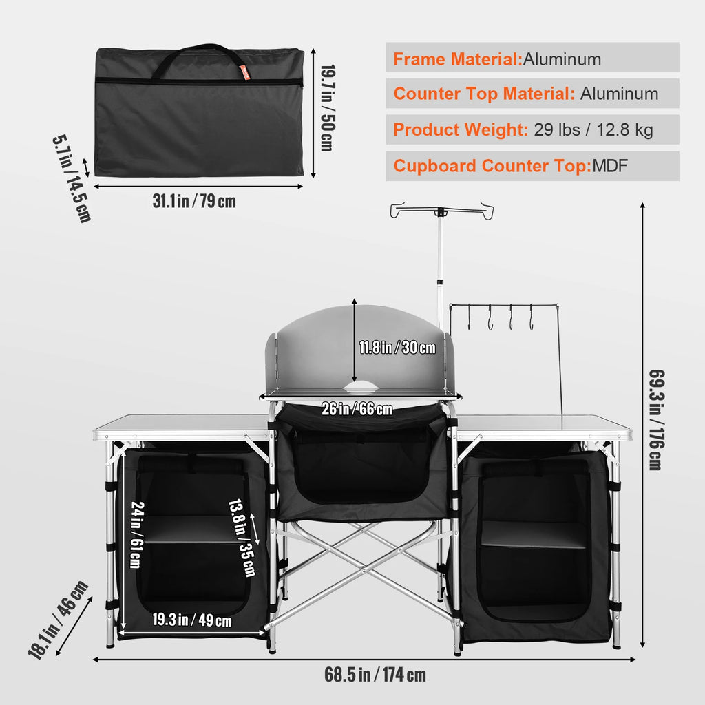 SucceBuy Camping Kitchen Table Cabinet Folding Cooking Storage Rack X-Shaped Aluminum Alloy Bracket for BBQ Picnic Garden Table Vue Black spain