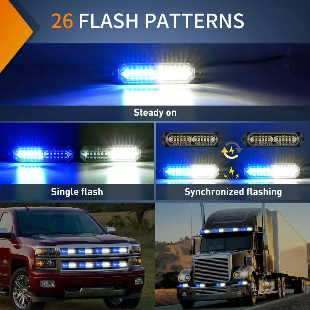 Nilight 12LED Blue White LED Strobe Lights 12V Surface Mount Flashing Warning Hazard Sync Mini Grille for Cars Trucks SUV 8pcs Vue