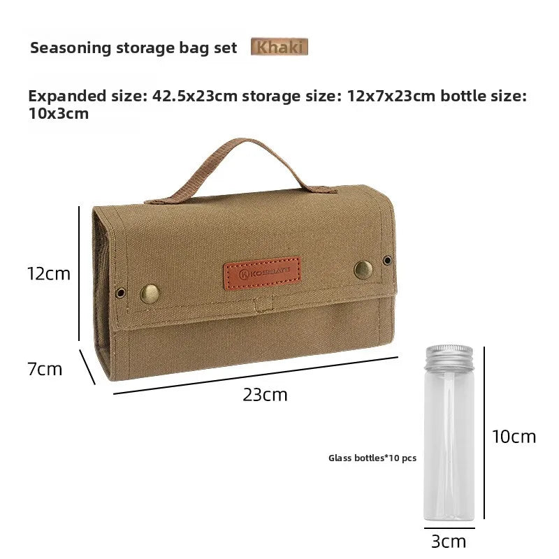 New Portable Outdoor Picnic BBQ Spice Storage Bag, Camping Barbecue Seasoning Bottle Vue Khaki