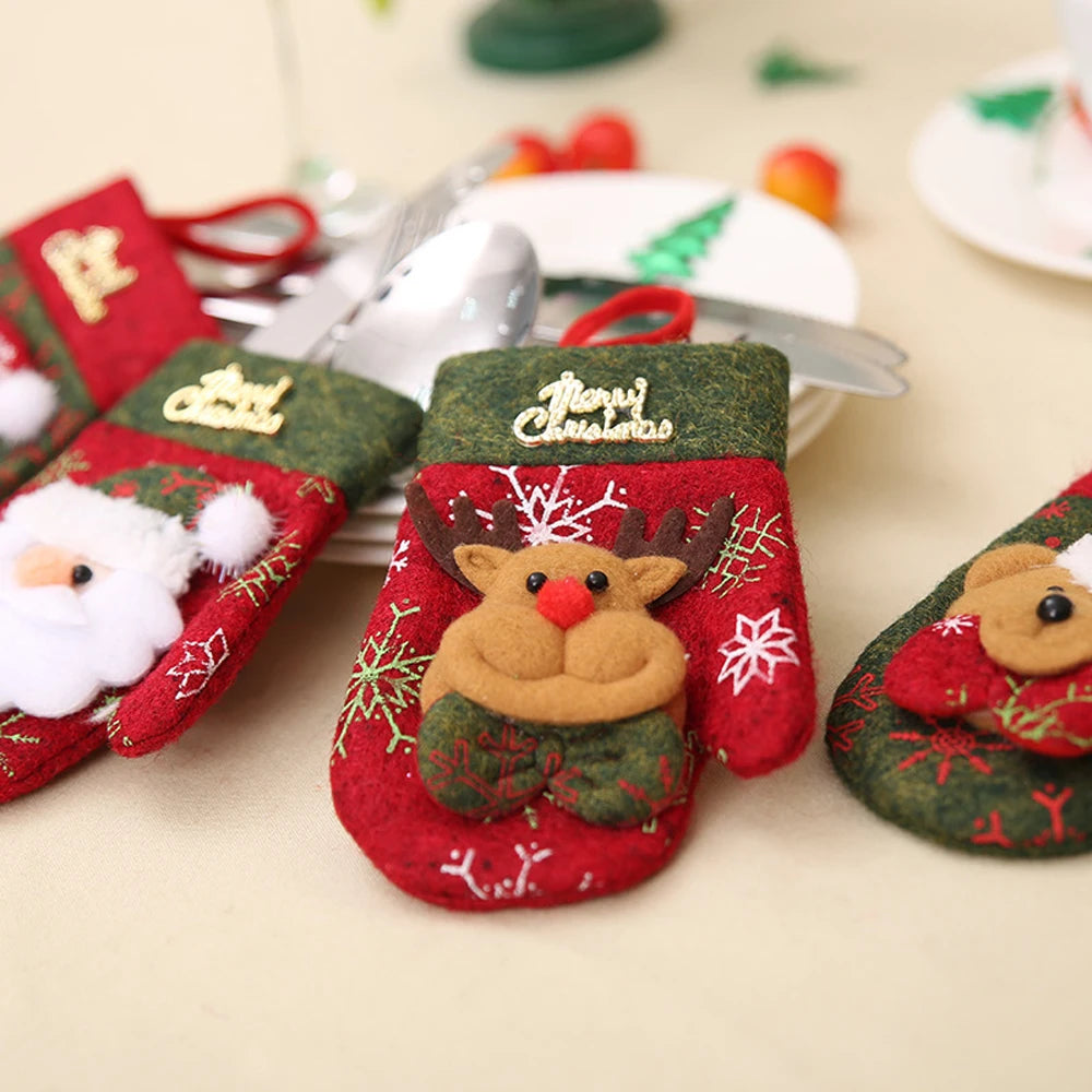 4PCS Christmas Silverware Holder Pockets Retro Glove Shaped Cutlery Holder Bag Candy Gift Pouch for Xmas Dinner Table Decoration Vue