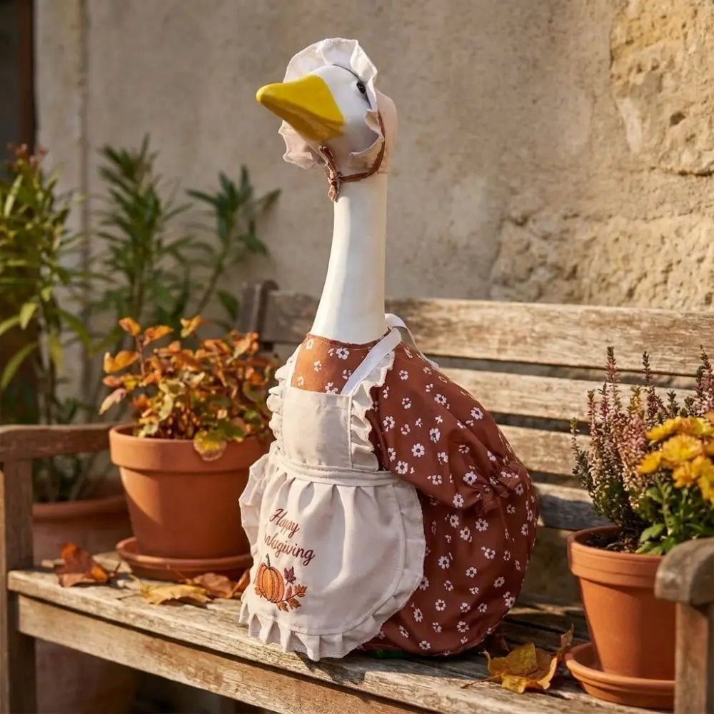 Pumpkin Print Thanksgiving Porch Goose Dress Outfit Maple Leaf Ruffled Hat Goose Hat Dress Set Harvest Theme Rustic Vue