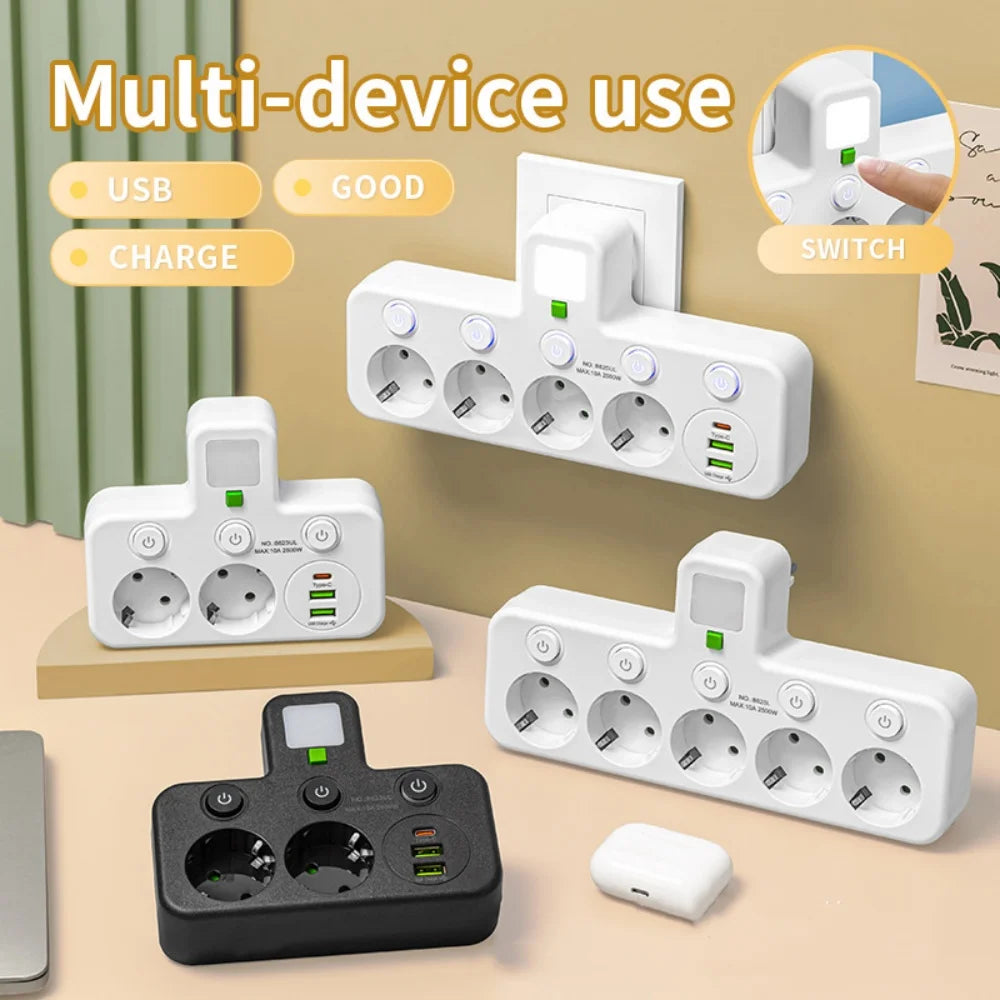 Multiple Sockets AC EU Plug Power Strip No Extension Cable With USB Ports Surge Protector Network Filter Individual Switch Vue