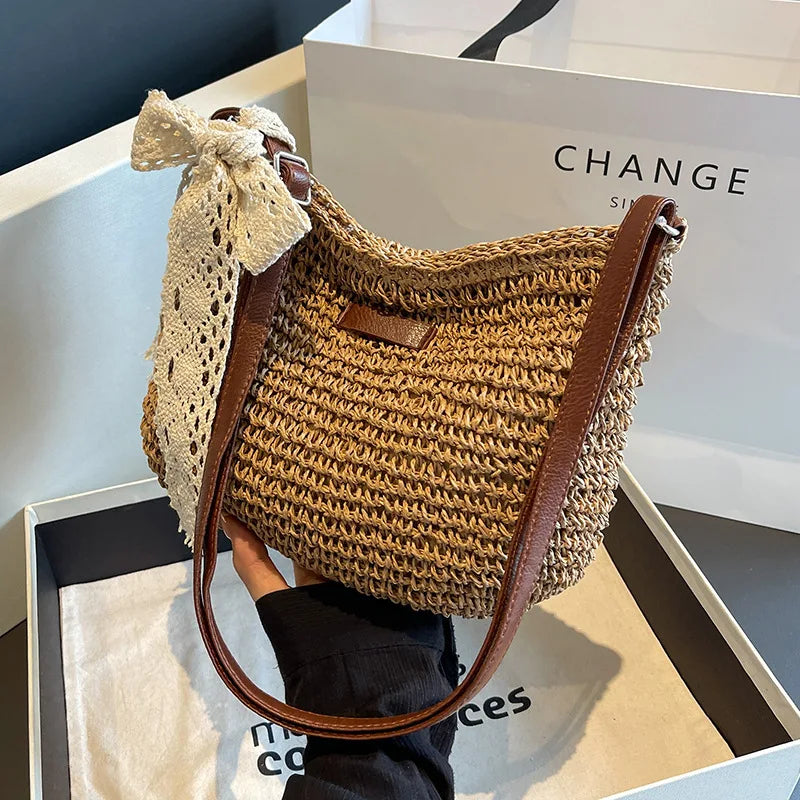 Summer Rattan Crossbody Bags Women Saddle Straw Woven Shoulder Bag Vue kahki ribbon