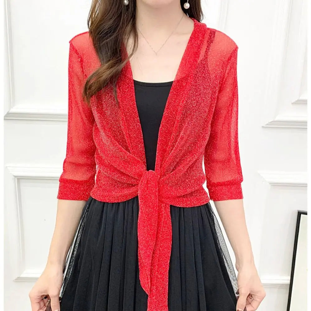 Glitter Tie Up Open Front Shrug Ladies Shawl Cropped Beach Summer Sun Vue Red