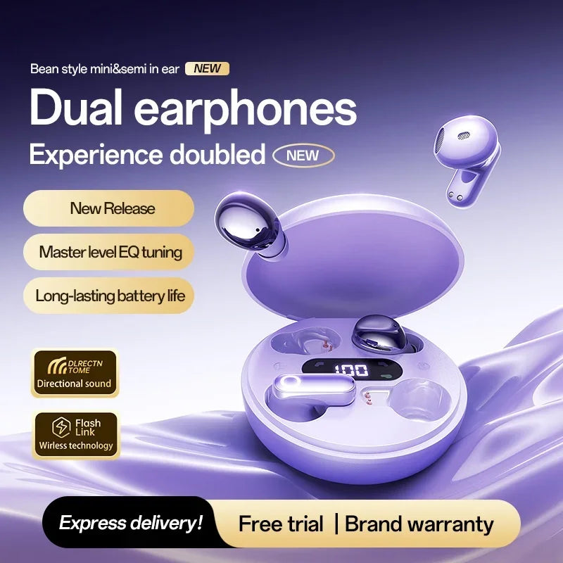 Wireless Earphones 2in1 Dual Use Bluetooth Earbuds Mini In-Ear Invisible Sleep Bluetooth Headphones Long Battery Digital Display Vue Purple