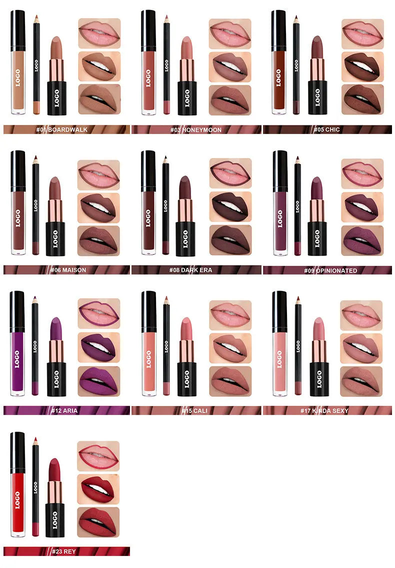 3pcs Lipgloss Lipstick Lip Liner Set Custom Logo Makeup Nude Velvet Waterproof Lip Gloss Tint Glaze Long Lasting Cosmetics Kit Vue black 1set sample