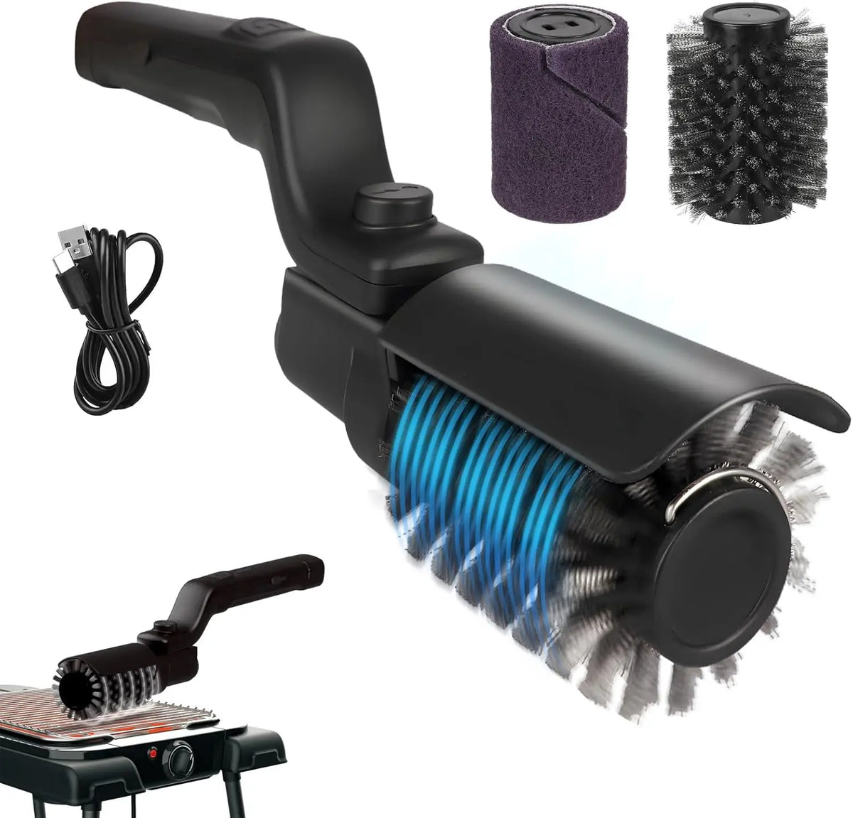 Electric Grill Brush 2 in 1 Cordless Rechargeable Grill Cleaning Brush Stainless Steel Brush Head 3-Speed Power for BBQ Grates Vue Black