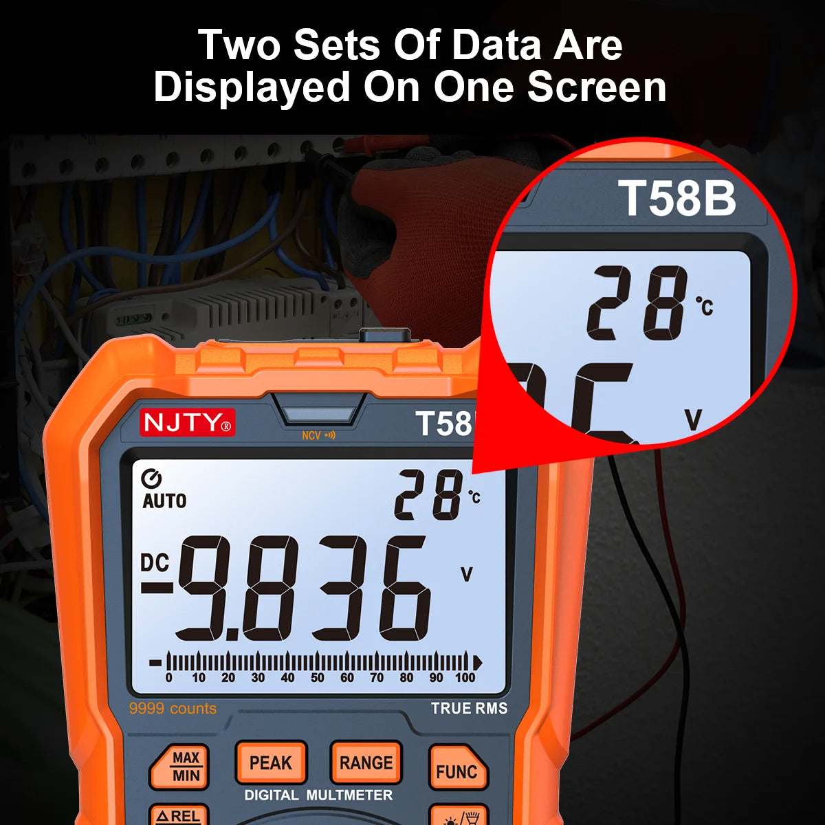 NJTY T58B T58C Inductance Digital Multimeter AUTO Range 9999 Counts Voltage Current Capacitance LED Smart Backlit Large Screen Vue