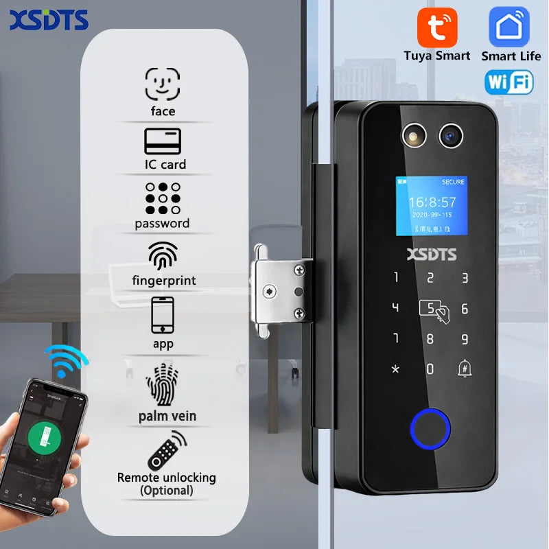 3D Glass Facial Recognition Office Smart Lock, Tuya WiFi Smart Door Lock with Palm Vein, Fingerprint, Password, IC Card Multiple Vue