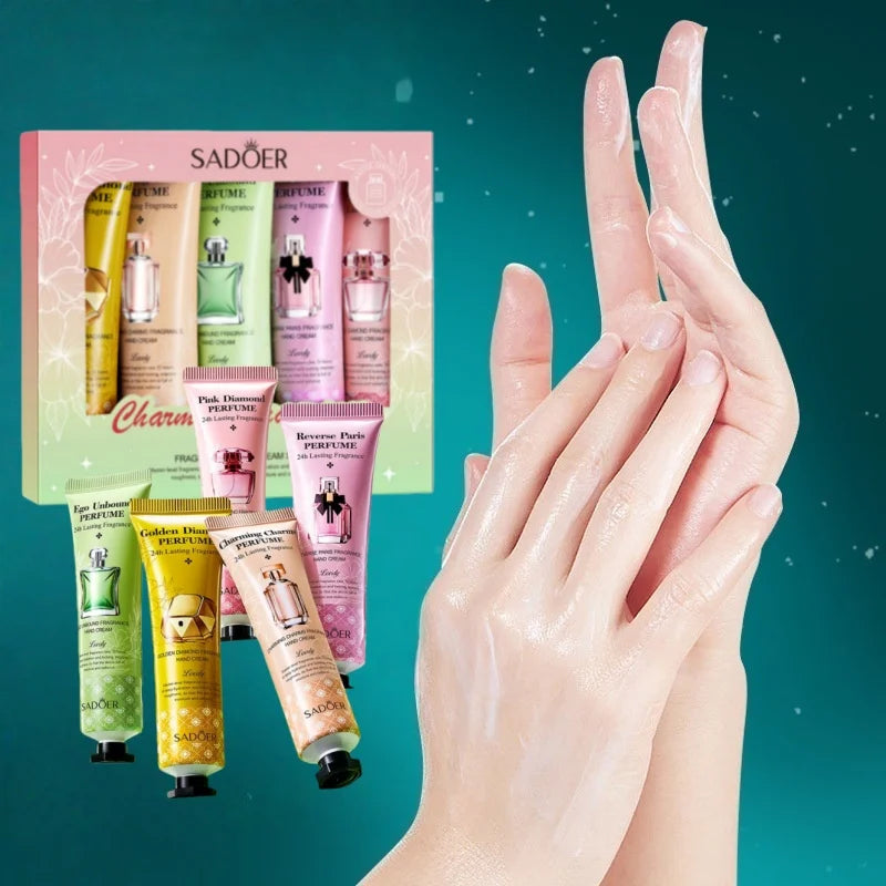 5Pcs Perfume Fragrance Hand Cream Set Moisturizing Non-Stick Hand Cream Nourishing Moisturizing Anti-Wrinkle Hand Skin Care Vue