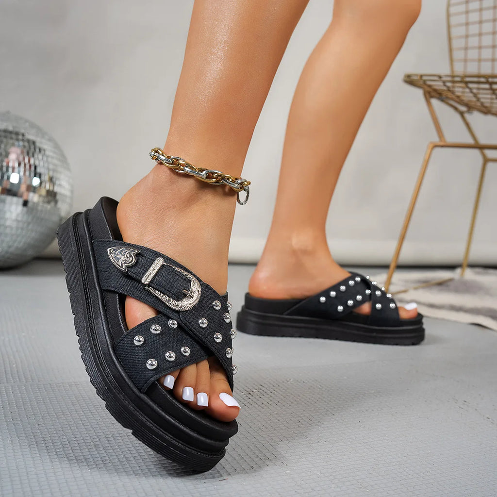 Women's Cross-Strap Rivet Platform Slippers | Summer Style Platform Slippers Vue