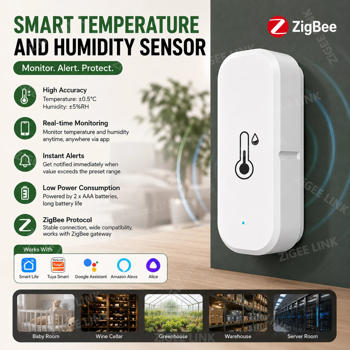 Zigbee3.0 Mini Temperature & Humidity Detector Wireless High Accuracy Indoor Hygrometer Smart Life Remote Data Push Alarm Vue