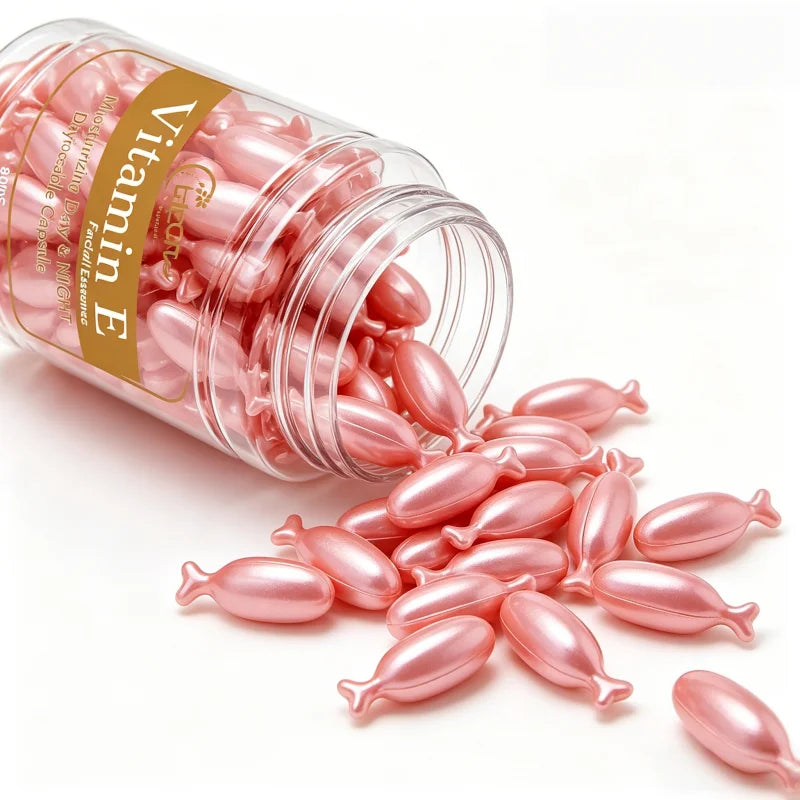 80 Capsules of Vitamin E Facial Essence, Day and Night Moisturizing, Deeply Hydrating, Leaving Skin Soft and Supple, Pink Capsule Packaging, Safe and Hygienic, Easy to Carry Vue