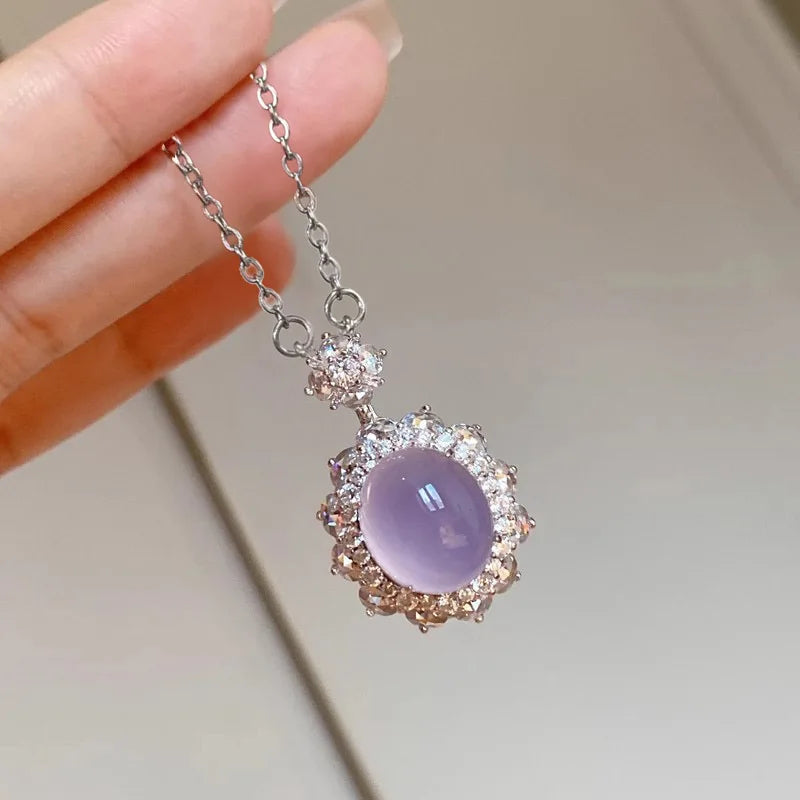 Huitan Purple Opal Cubic Zirconia Flower Pendant Necklace Pendant Necklace Vue XL1622 45cm