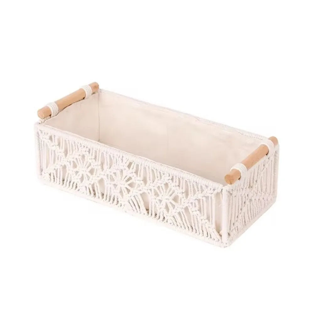 Cotton Rope Hand Woven Storage Box Decorative with Handle Macrame Organizer Box Warm White Handmade Toilet Paper Shelf Basket Vue White L