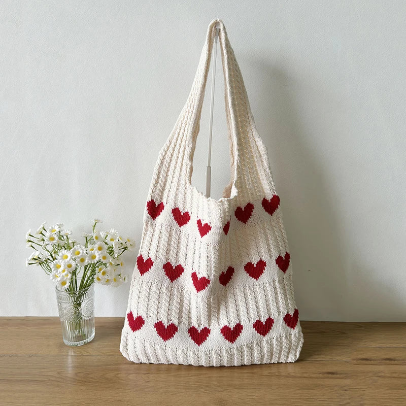 Knitted Love Pattern Tote Bag Stylish Woven Handbag Shoulder Women