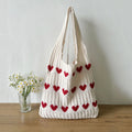 Knitted Love Pattern Tote Bag Stylish Woven Handbag Shoulder Women