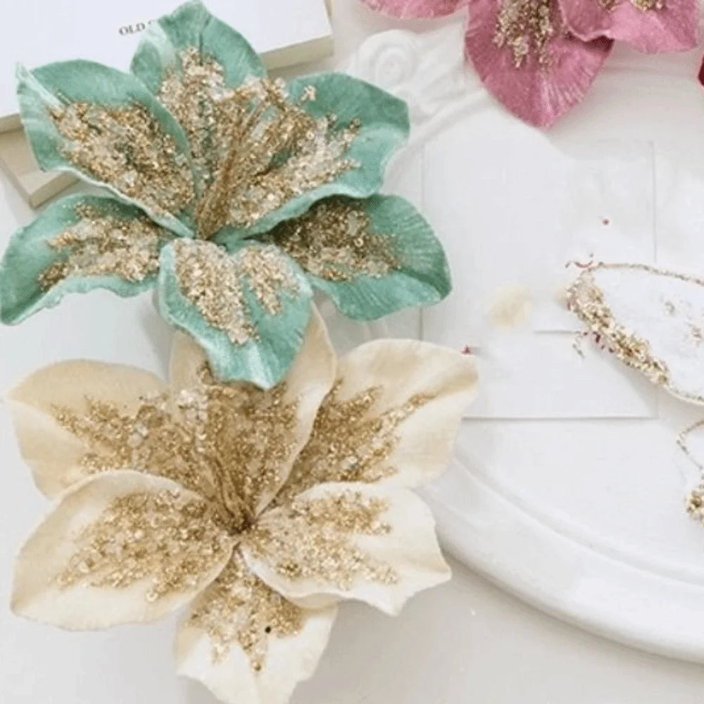20 cm Artificial Christmas Flower Glitter Large Christmas Poinsettia Handmade Velvet Simulation Flower Home Decoration Vue