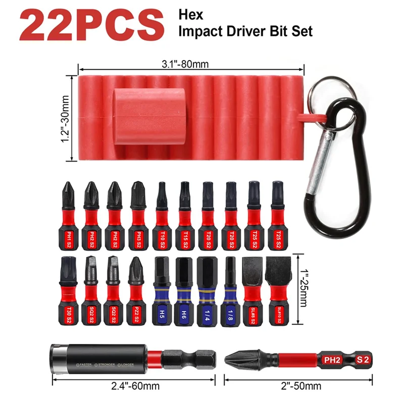ABKW-Electric Hexagon Bit Set 22Pcs With Organizer Sleeve Portable 1Pc Bit Holder Anti-Slip Tool Accessories Vue
