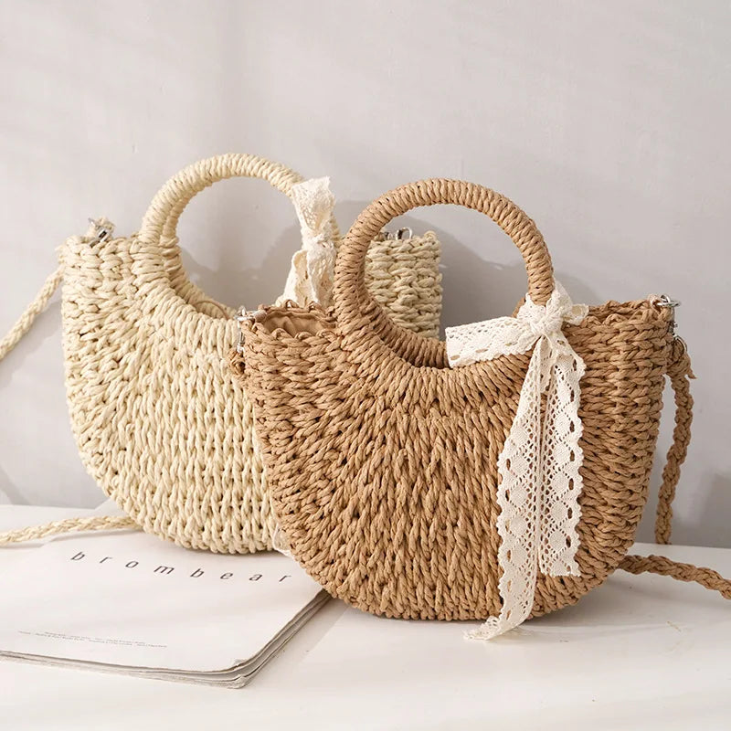 Straw Bag Women Hand-woven Handbag Moon Shape Lace Bow Rattan Big