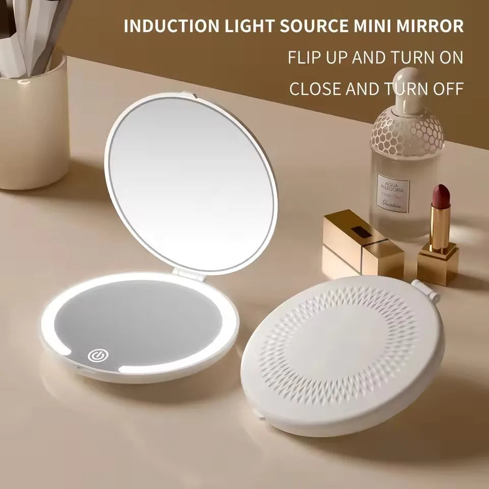 LED Light Cosmetic 2 Side Folding Makeup Compact Pocket Mirror Women Luminous Effect Pink White Mini Mirror Beauty Products Vue
