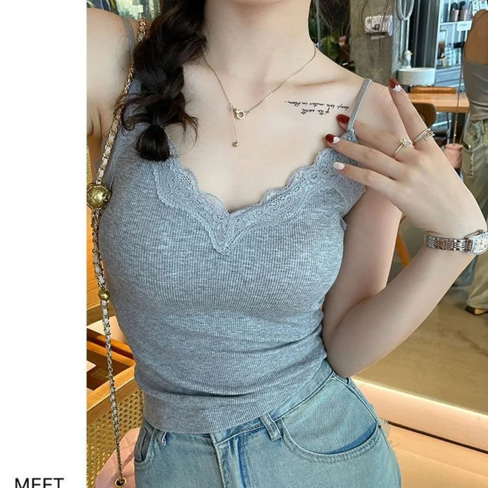 Fashion Breathable Lace Camisole Strap Bra Solid Crop Sexy Wire-free